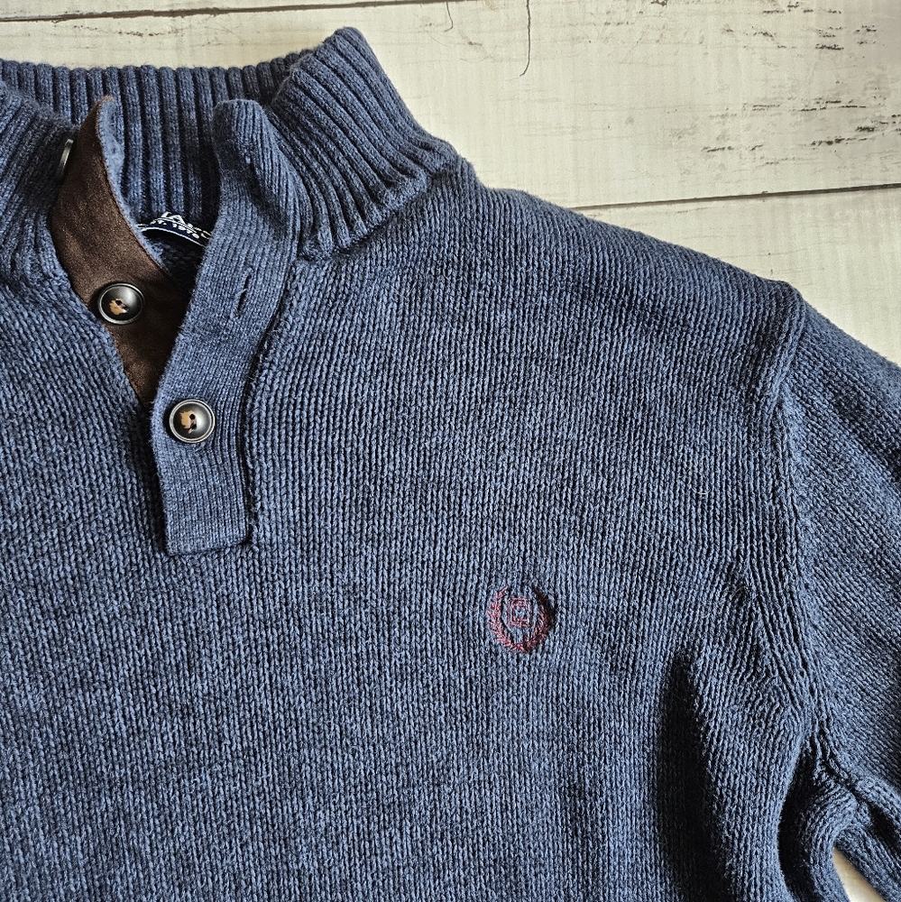 Chaps Large 1/4 Button Navy Blue 100% Cotton Knit Sweater‎ Leather Elbow Patches